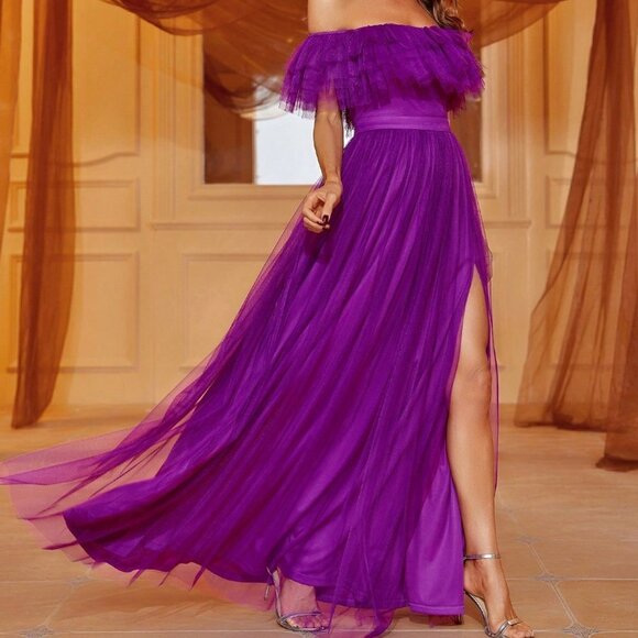 Purple Preppy Womens Off Shoulder Ruffle Trim Split Thigh Mesh Dress - Picture 4 of 5